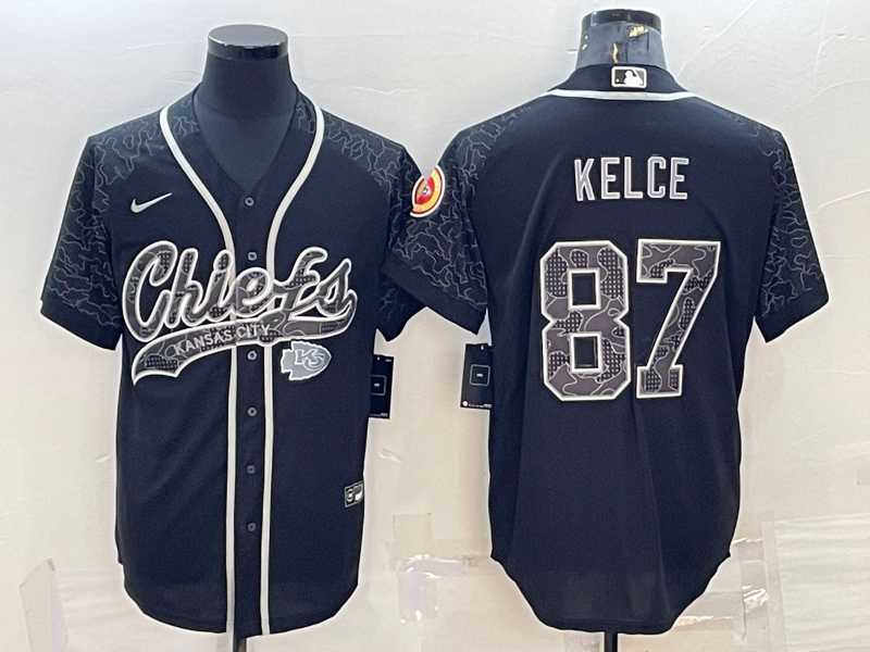 Men%27s Kansas City Chiefs #87 Travis Kelce Black Reflective With Patch Cool Base Stitched Baseball Jersey